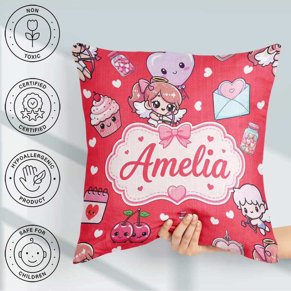 Custom Name Cupid Angels Hearts Sweets Red Seamless Pattern Name Square Filled Cushion Throw Pillow Sofa Bed Home Decor Zip Washable UK Made