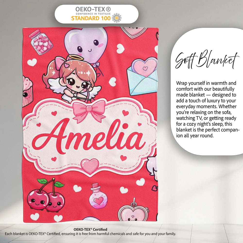 Cute Cupid Angels Hearts Sweets Red Background Seamless Pattern Name Personalised Custom Name Super Soft Fleece Blanket Bed Sofa Throw