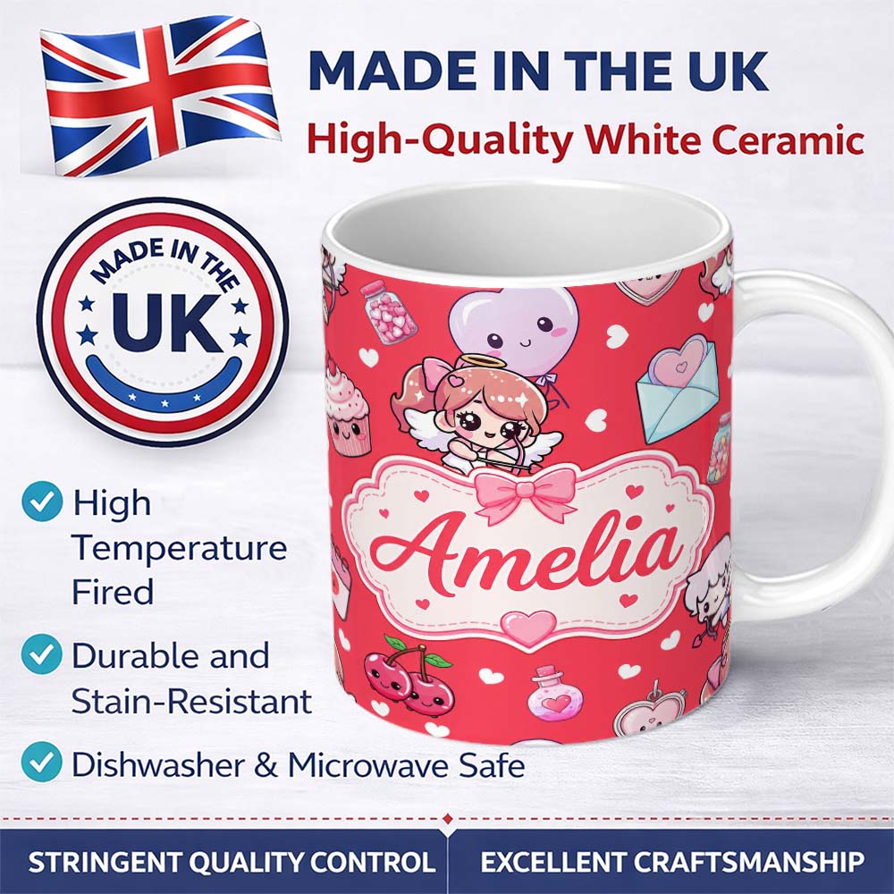 Personalized Custom Name Cute Cupid Angels Hearts Sweets Red Background Seamless Pattern Name 11oz Ceramic Coffee Tea Mug White Large Handle