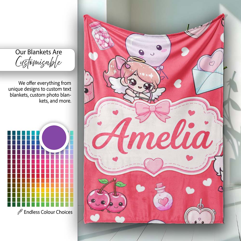 Cute Cupid Angels Hearts Sweets Red Background Seamless Pattern Name Personalised Custom Name Super Soft Fleece Blanket Bed Sofa Throw