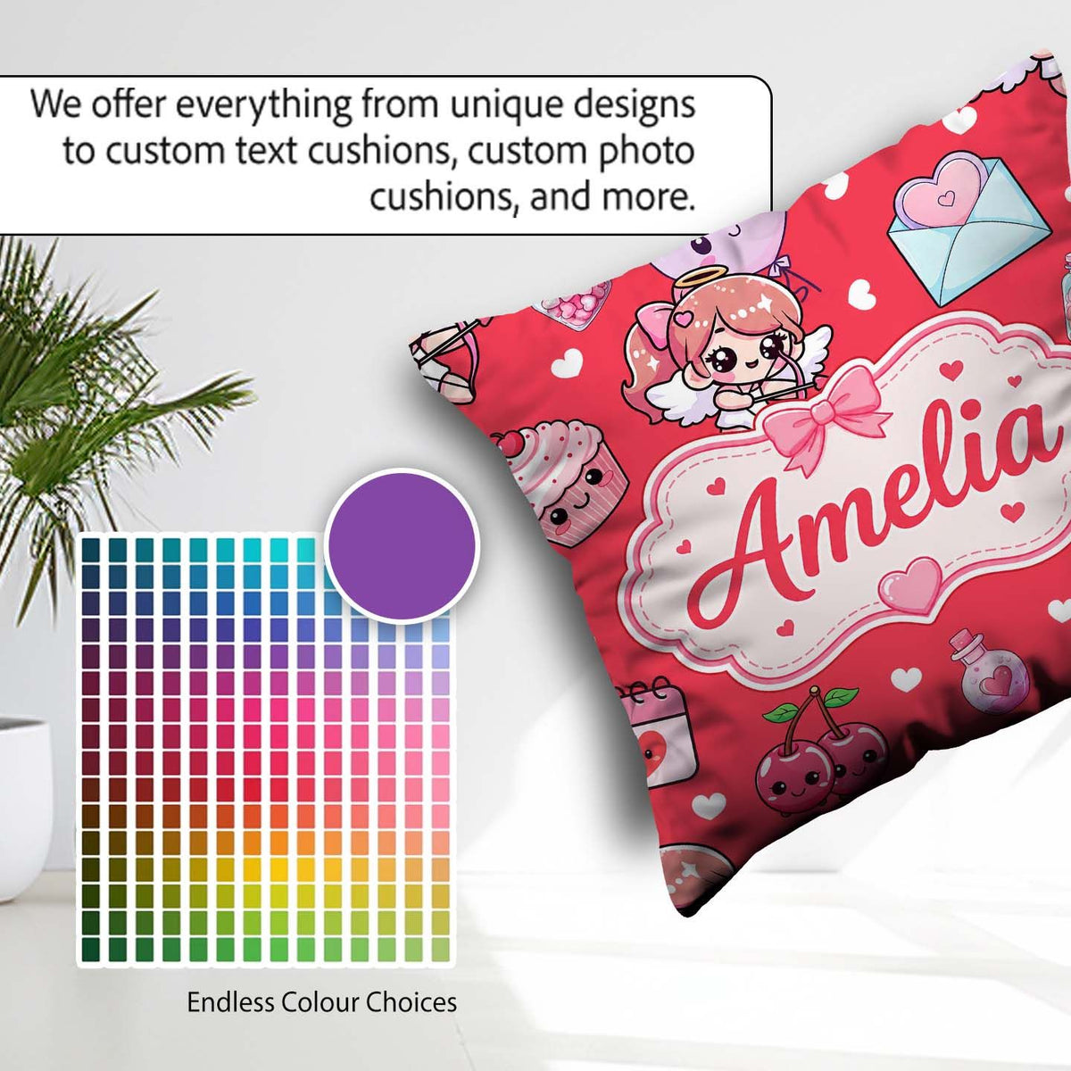 Custom Name Cupid Angels Hearts Sweets Red Seamless Pattern Name Square Filled Cushion Throw Pillow Sofa Bed Home Decor Zip Washable UK Made
