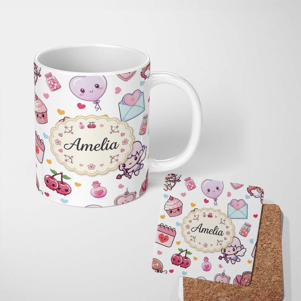 Personalized Custom Name Cute Kawaii Cupid Angels Hearts Balloons Sweets Seamless Pattern 11oz Ceramic Coffee Tea Mug White Large Handle
