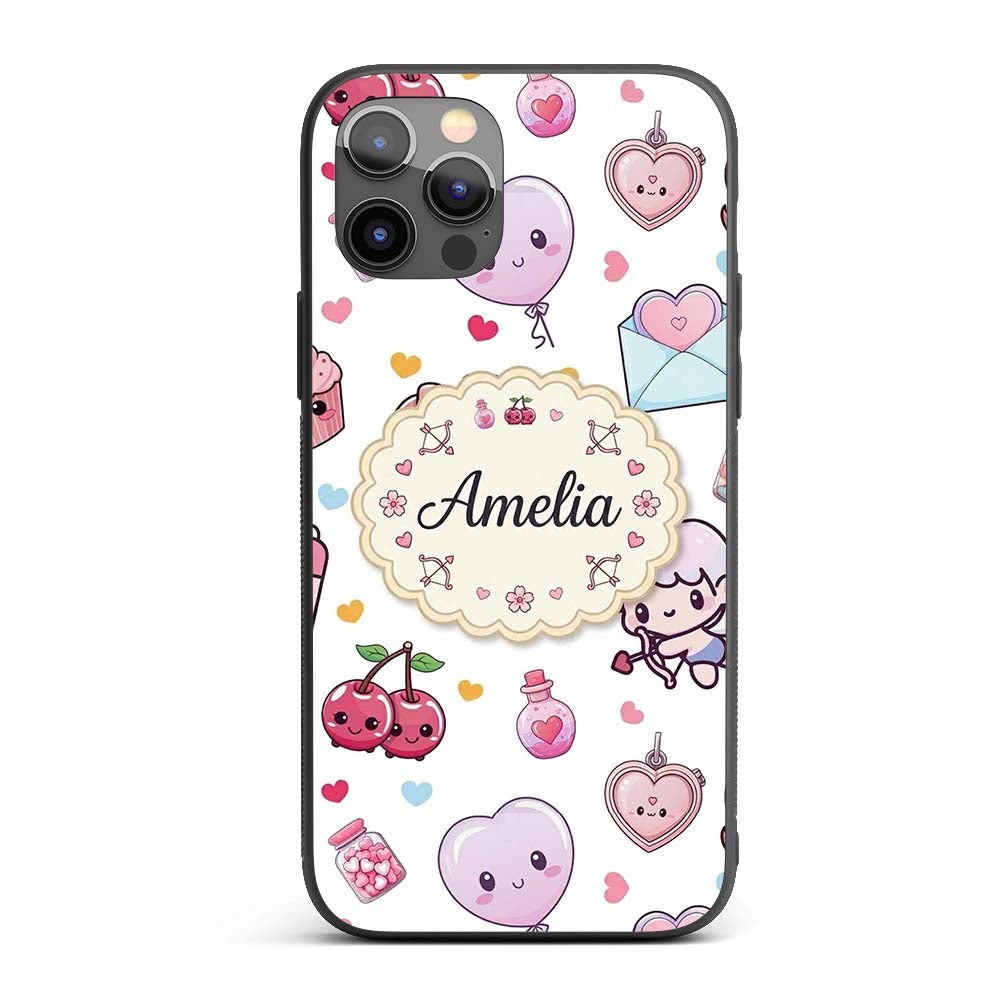 Cute Kawaii Cupid Angels Hearts Balloons Sweets Custom Name Protective Phone Case Mobile Cover Durable Everyday Smartphone Shock Resistant