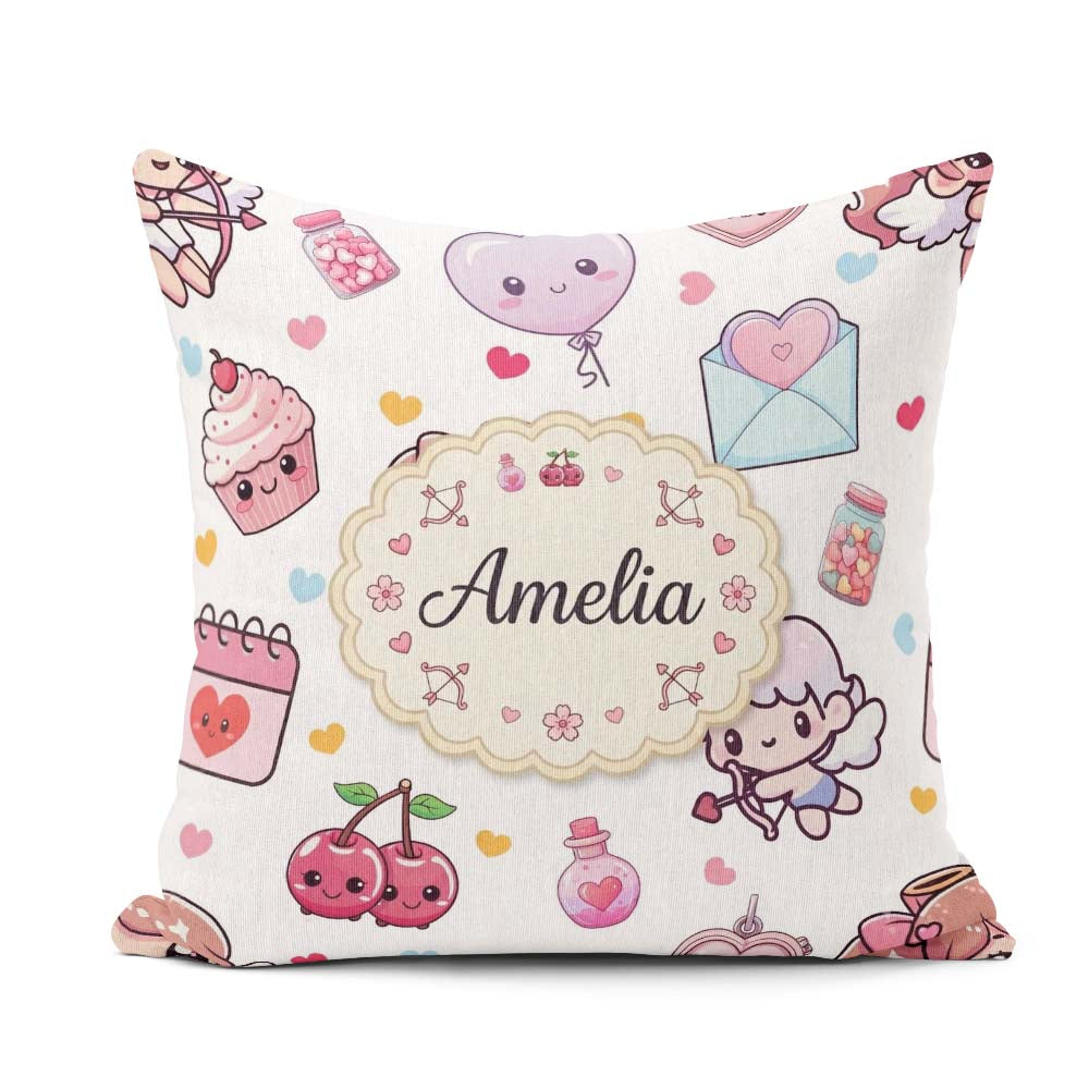 Custom Name Kawaii Cupid Angels Hearts Balloons Seamless Pattern Square Filled Cushion Throw Pillow Sofa Bed Home Decor Zip Washable UK Made