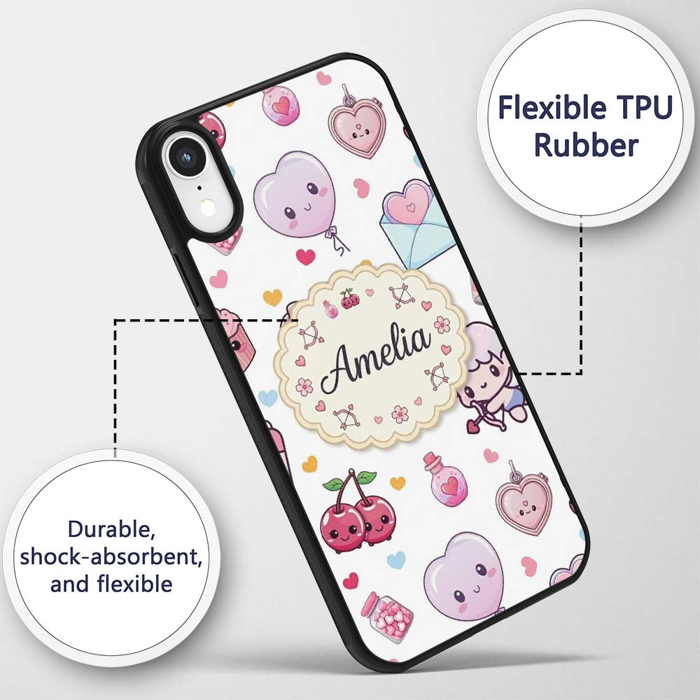 Cute Kawaii Cupid Angels Hearts Balloons Sweets Custom Name Protective Phone Case Mobile Cover Durable Everyday Smartphone Shock Resistant