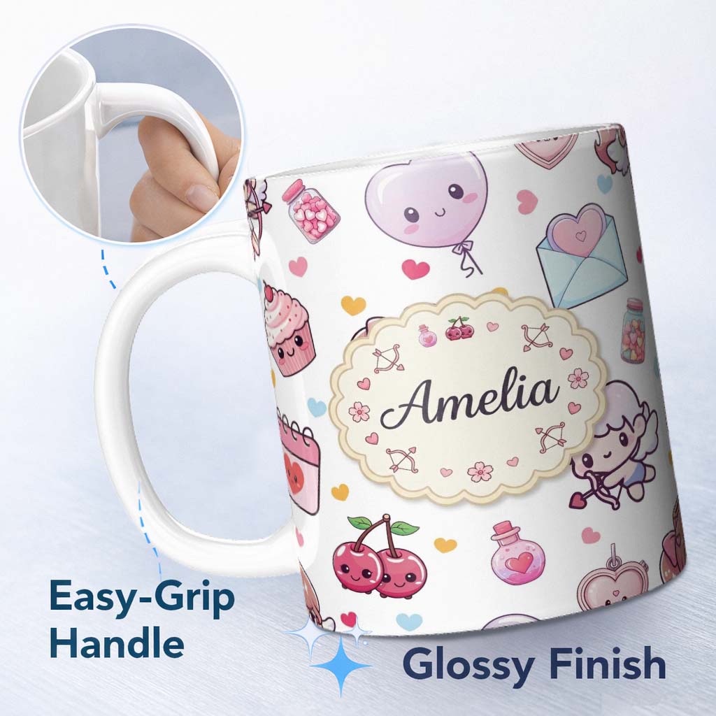 Personalized Custom Name Cute Kawaii Cupid Angels Hearts Balloons Sweets Seamless Pattern 11oz Ceramic Coffee Tea Mug White Large Handle