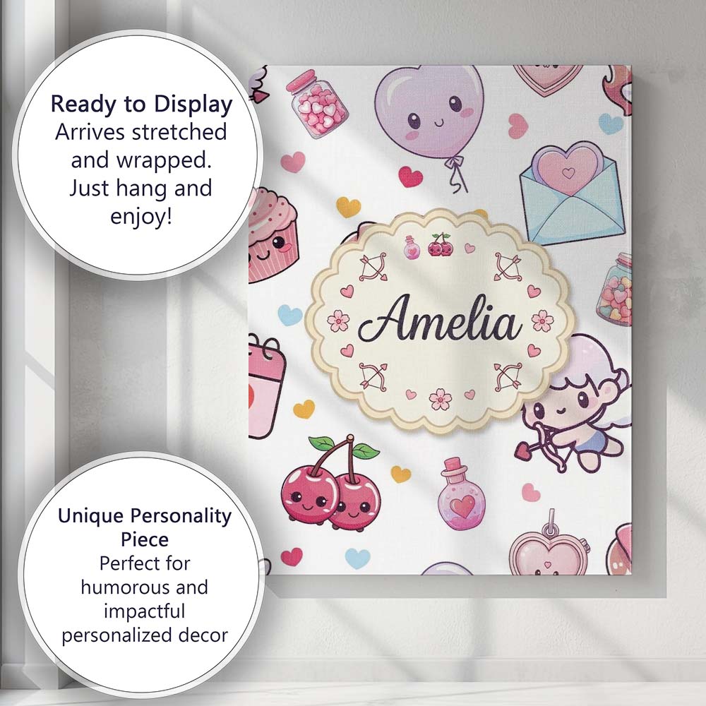 Personalised Name Cute Kawaii Cupid Angels Custom Unique Gift Idea Elegant Feature Canvas Wall Art Print Decor Picture Ready to Hang