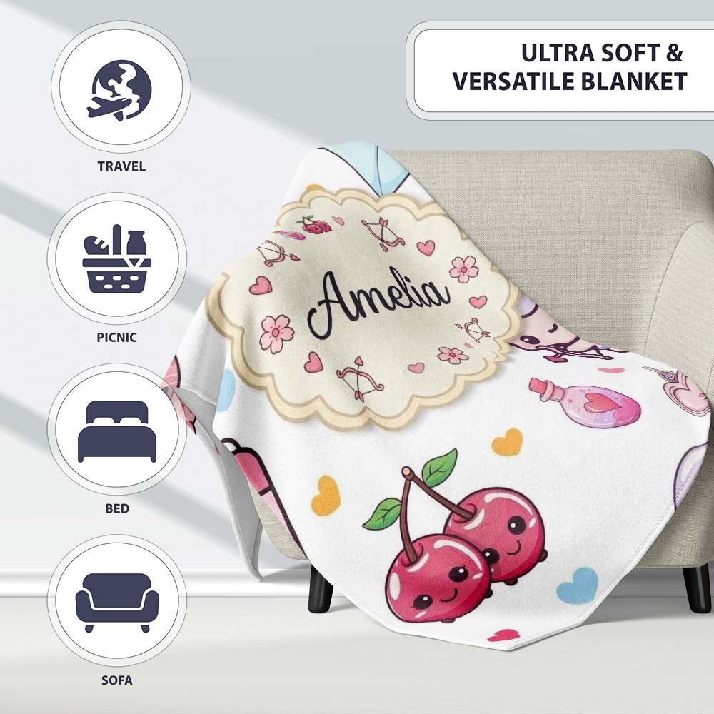 Cute Kawaii Cupid Angels Hearts Balloons Sweets Seamless Pattern Personalised Custom Name Super Soft Fleece Blanket Bed Sofa Throw