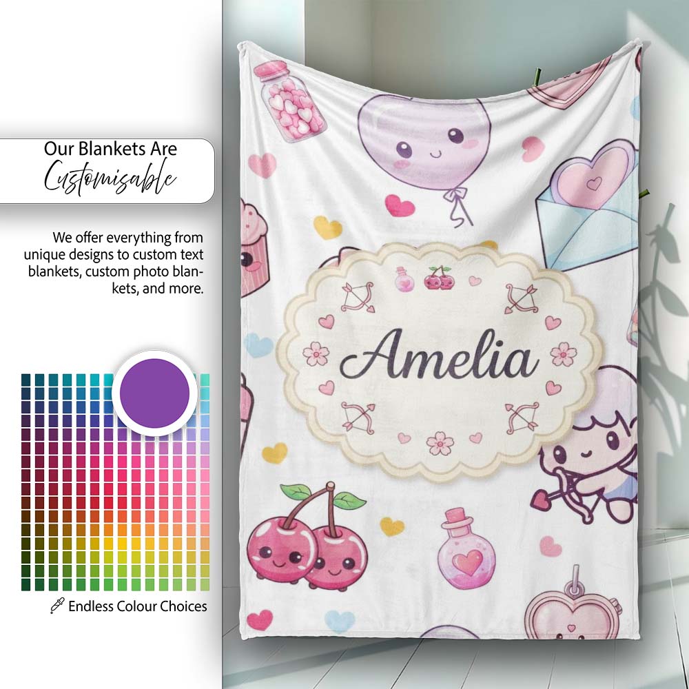 Cute Kawaii Cupid Angels Hearts Balloons Sweets Seamless Pattern Personalised Custom Name Super Soft Fleece Blanket Bed Sofa Throw
