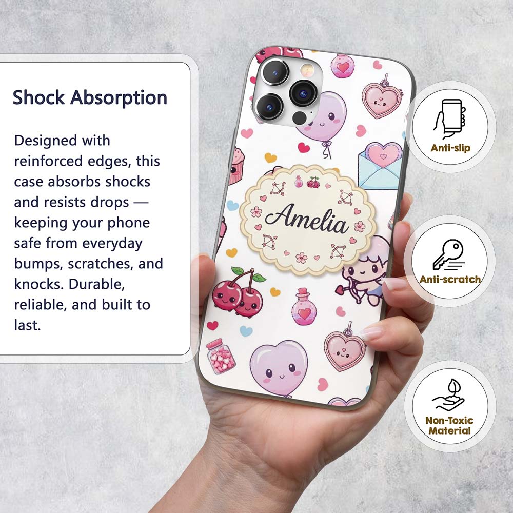 Cute Kawaii Cupid Angels Hearts Balloons Sweets Custom Name Protective Phone Case Mobile Cover Durable Everyday Smartphone Shock Resistant