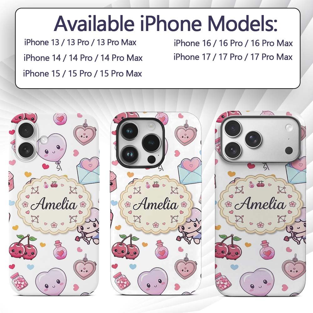Cute Kawaii Cupid Angels Hearts Balloons Sweets Custom Name Protective Phone Case Mobile Cover Durable Everyday Smartphone Shock Resistant