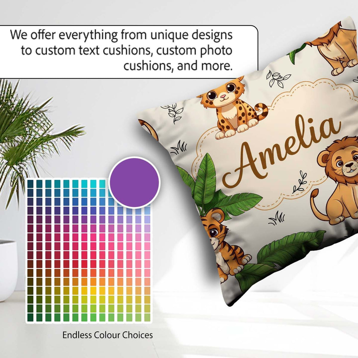 Custom Name Jungle Animals Lion Tiger Leopard Neutral Background Square Filled Cushion Throw Pillow Sofa Bed Home Decor Zip Washable UK Made