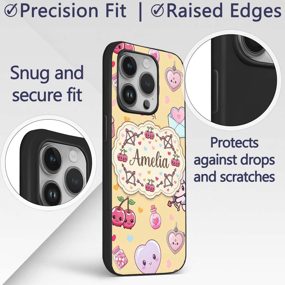 Cute Kawaii Cupid Angels Hearts Balloons Warm Custom Name Protective Phone Case Mobile Cover Durable Everyday Smartphone Shock Resistant