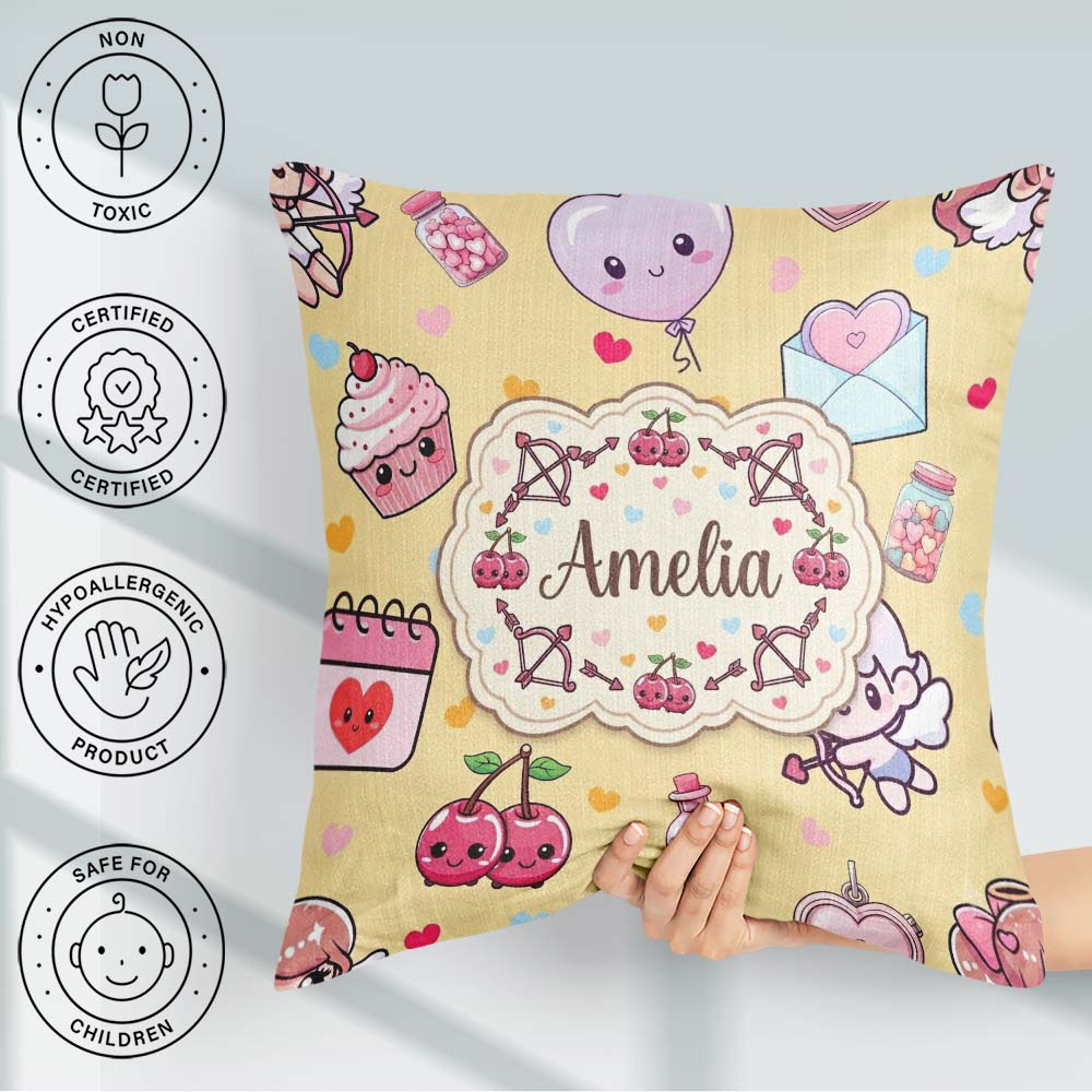 Custom Name Cute Kawaii Cupid Angels Hearts Balloons Warm Beige Square Filled Cushion Throw Pillow Sofa Bed Home Decor Zip Washable UK Made