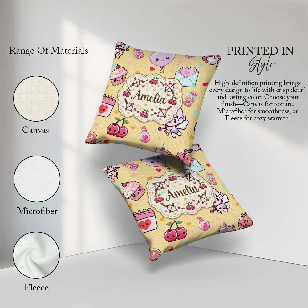 Custom Name Cute Kawaii Cupid Angels Hearts Balloons Warm Beige Square Filled Cushion Throw Pillow Sofa Bed Home Decor Zip Washable UK Made