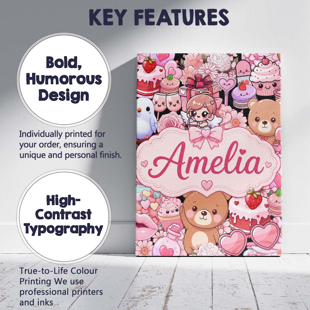 Personalised Name Cute Teddy Bears Cakes Custom Unique Gift Idea Elegant Feature Canvas Wall Art Print Decor Picture Ready to Hang