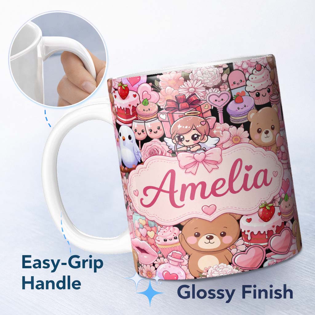 Personalized Custom Name Cute Teddy Bears Cakes Flowers Valentines Kawaii Seamless Pattern 11oz Ceramic Coffee Tea Mug White Large Handle