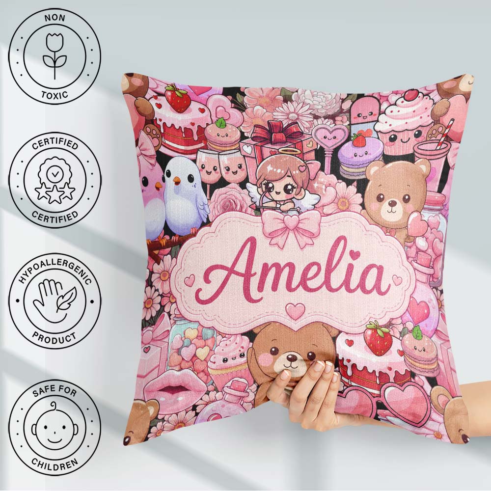 Custom Name Teddy Bears Cakes Flowers Valentines Kawaii Seamless Square Filled Cushion Throw Pillow Sofa Bed Home Decor Zip Washable UK Made