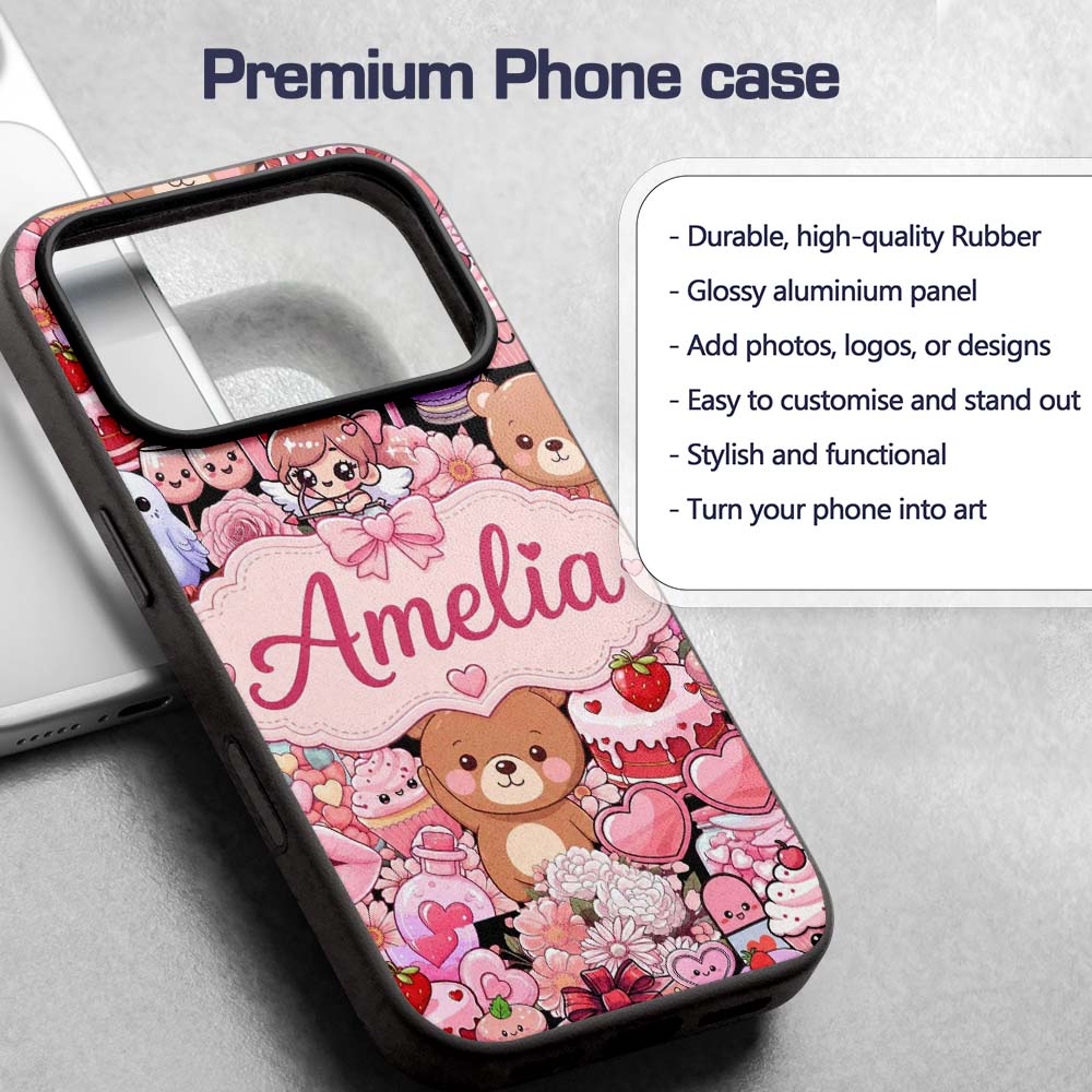 Cute Teddy Bears Cakes Flowers Valentines Kawaii Custom Name Protective Phone Case Mobile Cover Durable Everyday Smartphone Shock Resistant
