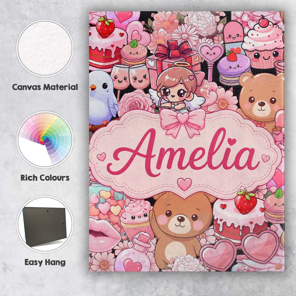 Personalised Name Cute Teddy Bears Cakes Custom Unique Gift Idea Elegant Feature Canvas Wall Art Print Decor Picture Ready to Hang
