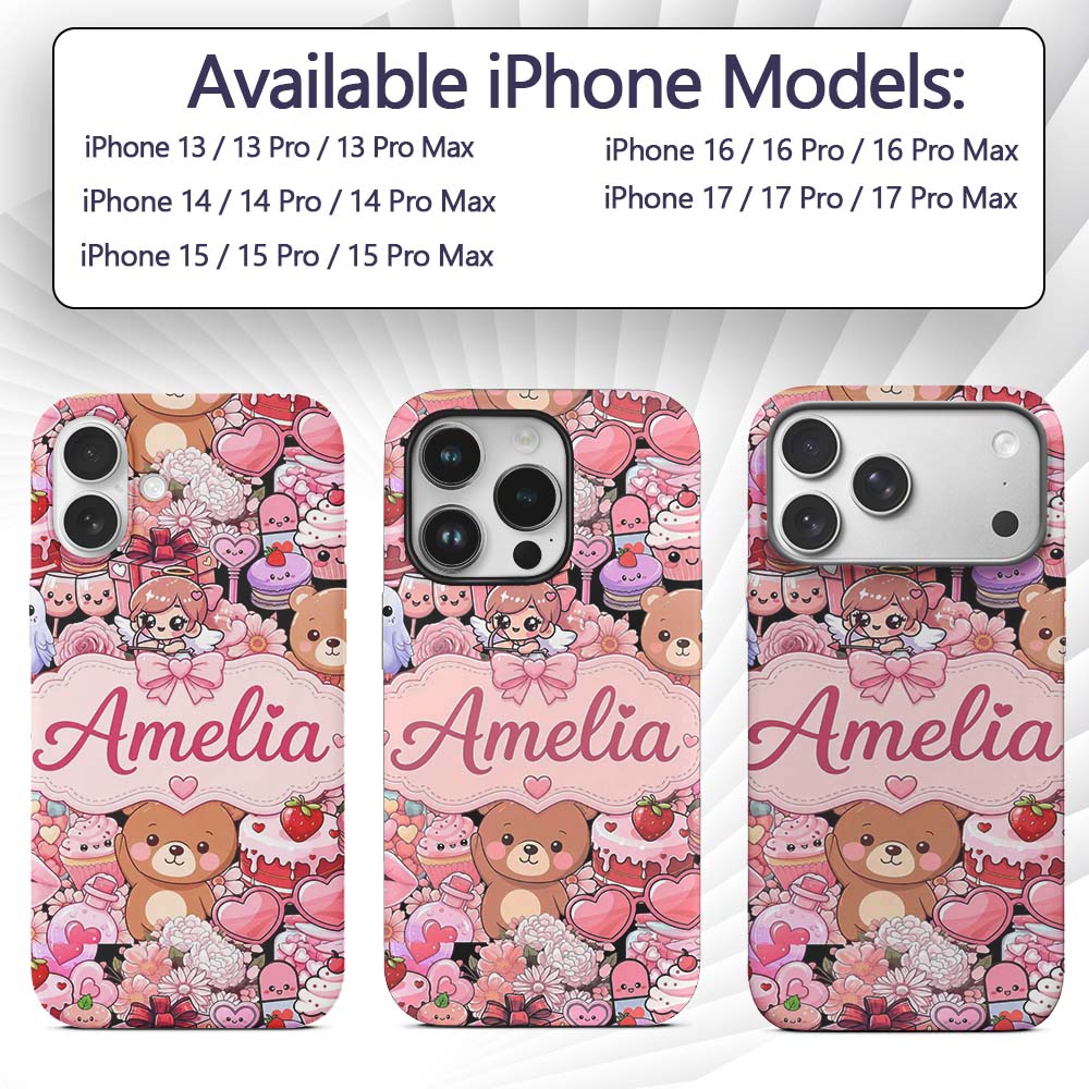 Cute Teddy Bears Cakes Flowers Valentines Kawaii Custom Name Protective Phone Case Mobile Cover Durable Everyday Smartphone Shock Resistant