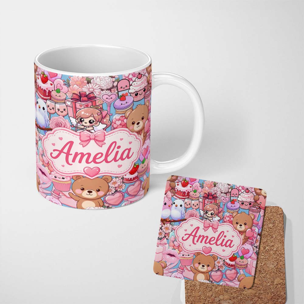 Personalized Custom Name Cute Teddy Bears Cakes Flowers Blue Background Seamless Pattern Name 11oz Ceramic Coffee Tea Mug White Large Handle