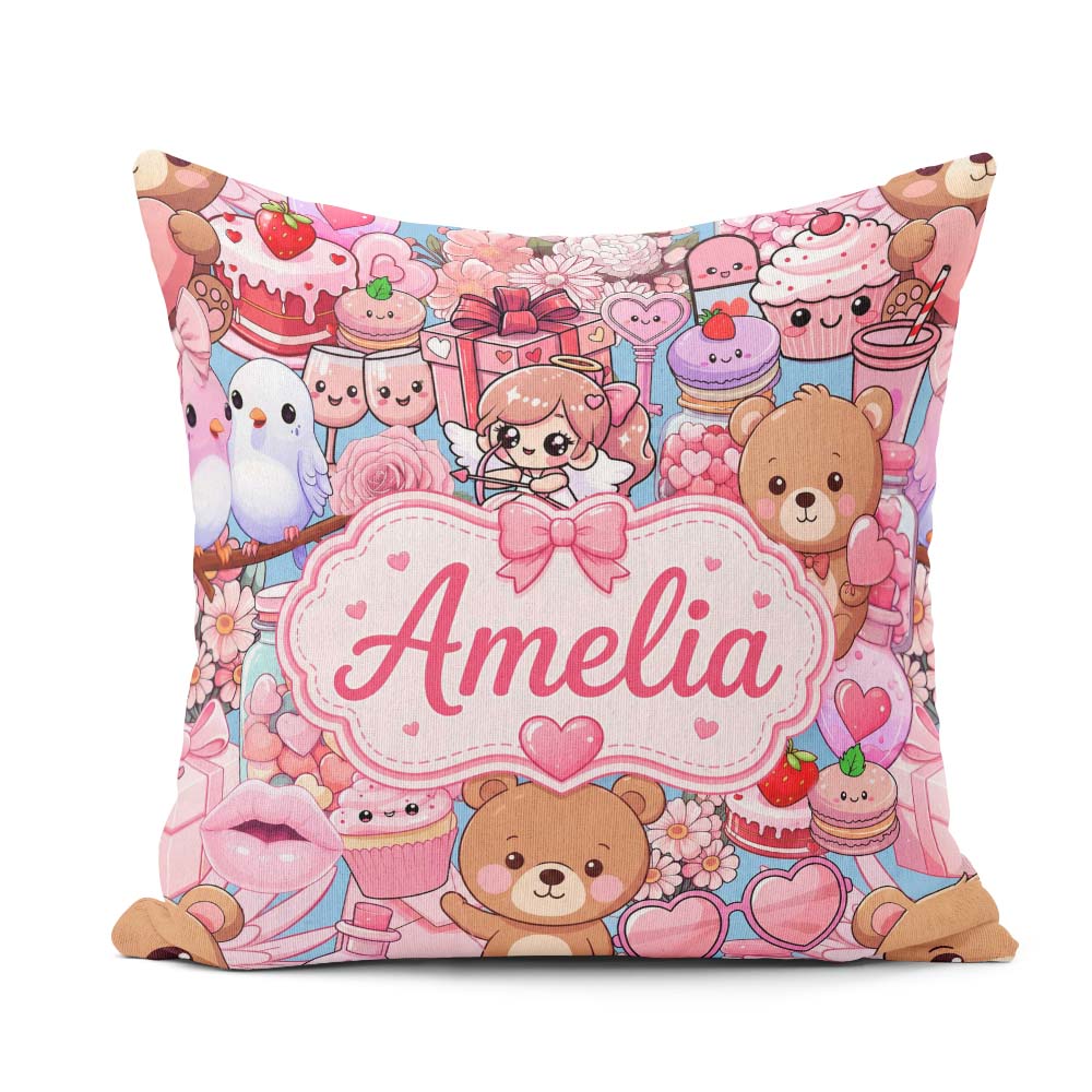 Custom Name Teddy Bears Cakes Flowers Blue Seamless Pattern Name Square Filled Cushion Throw Pillow Sofa Bed Home Decor Zip Washable UK Made