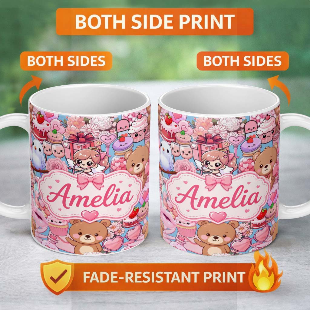 Personalized Custom Name Cute Teddy Bears Cakes Flowers Blue Background Seamless Pattern Name 11oz Ceramic Coffee Tea Mug White Large Handle