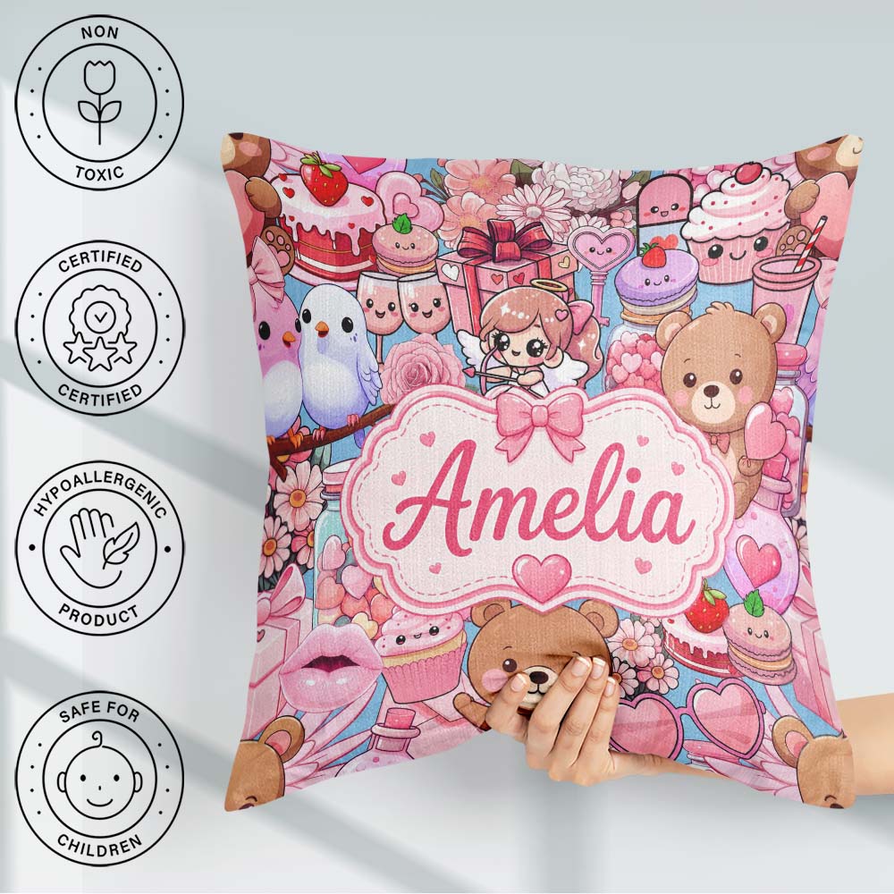 Custom Name Teddy Bears Cakes Flowers Blue Seamless Pattern Name Square Filled Cushion Throw Pillow Sofa Bed Home Decor Zip Washable UK Made