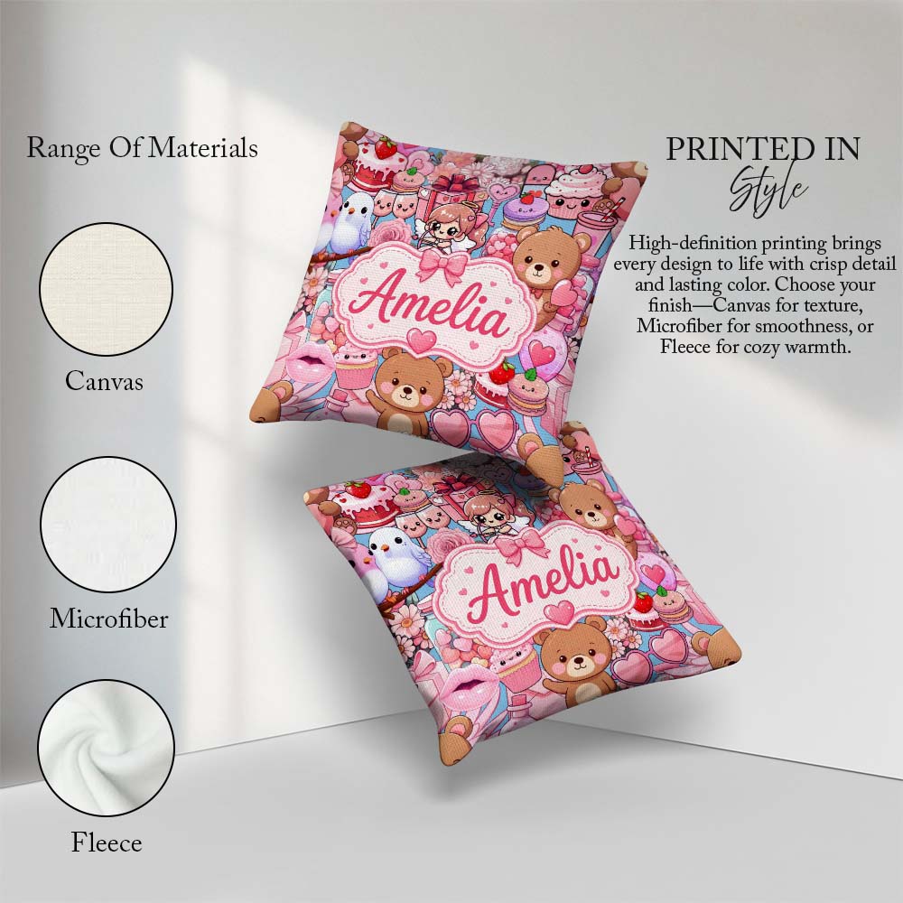 Custom Name Teddy Bears Cakes Flowers Blue Seamless Pattern Name Square Filled Cushion Throw Pillow Sofa Bed Home Decor Zip Washable UK Made