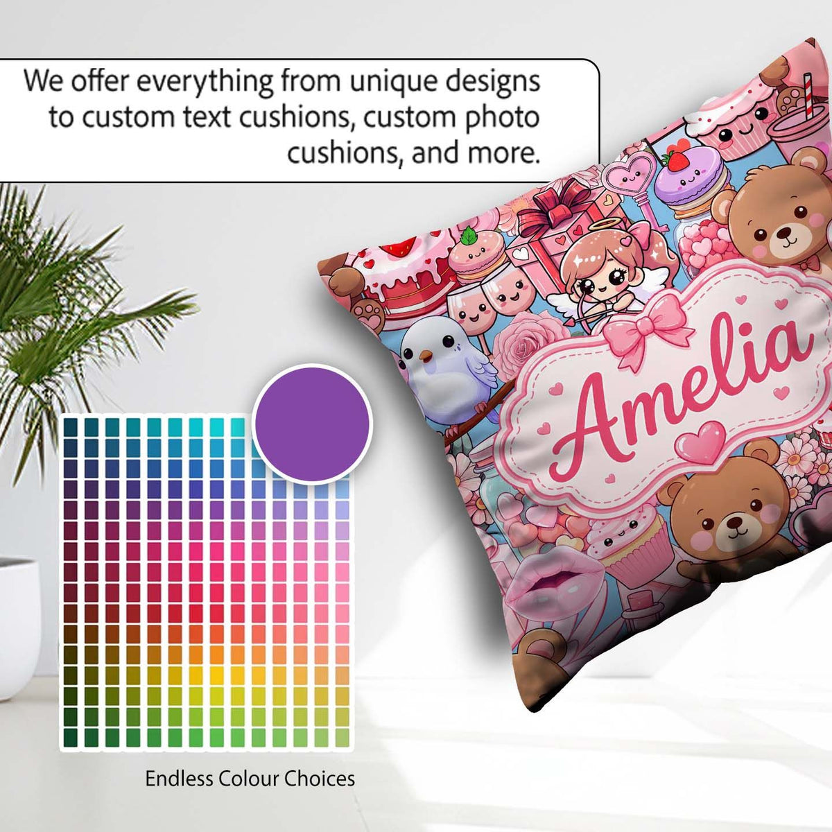 Custom Name Teddy Bears Cakes Flowers Blue Seamless Pattern Name Square Filled Cushion Throw Pillow Sofa Bed Home Decor Zip Washable UK Made