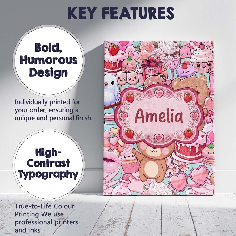 Personalised Name Cute Teddy Bears Cakes Custom Unique Gift Idea Elegant Feature Canvas Wall Art Print Decor Picture Ready to Hang