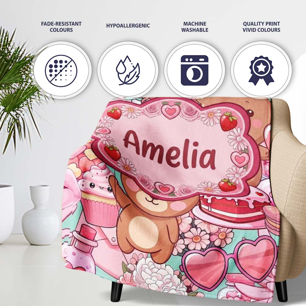 Cute Teddy Bears Cakes Flowers Green Background Seamless Pattern Personalised Custom Name Super Soft Fleece Blanket Bed Sofa Throw