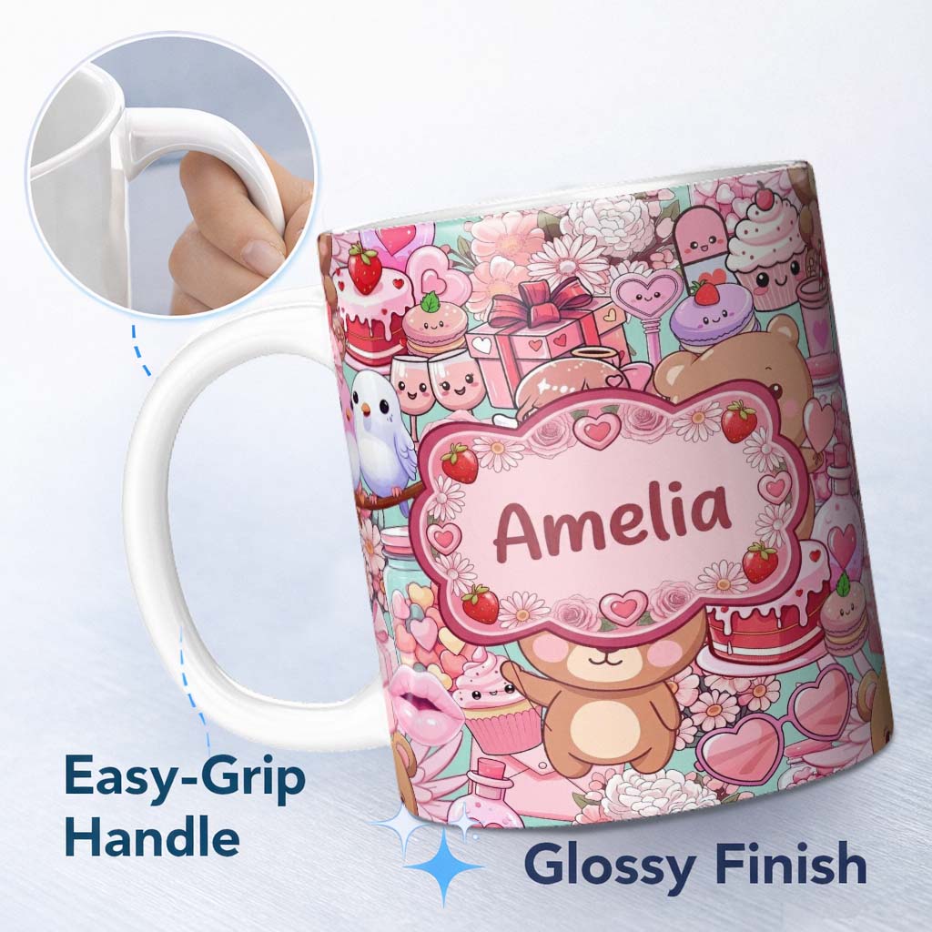 Personalized Custom Name Cute Teddy Bears Cakes Flowers Green Background Seamless Pattern 11oz Ceramic Coffee Tea Mug White Large Handle