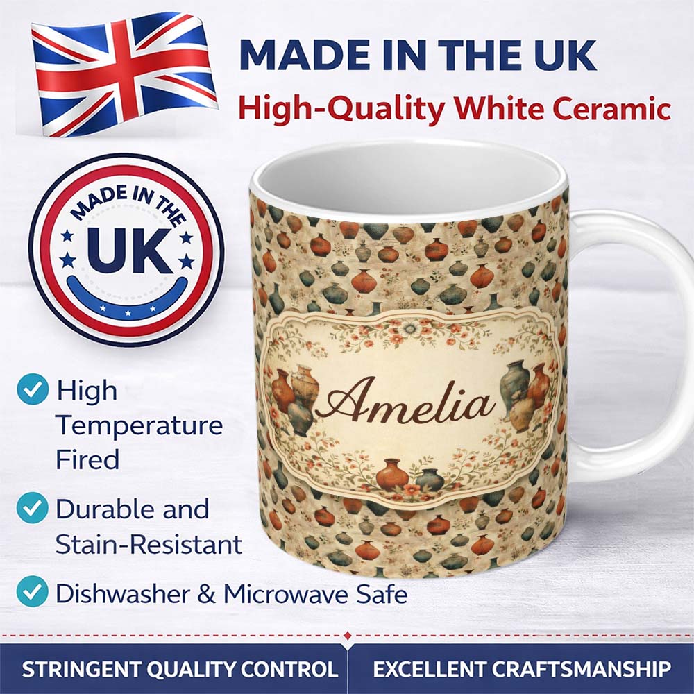 Personalized Custom Name Vintage Pottery and Botanical Elements Pattern in Warm Neutral Tones 11oz Ceramic Coffee Tea Mug White Large Handle
