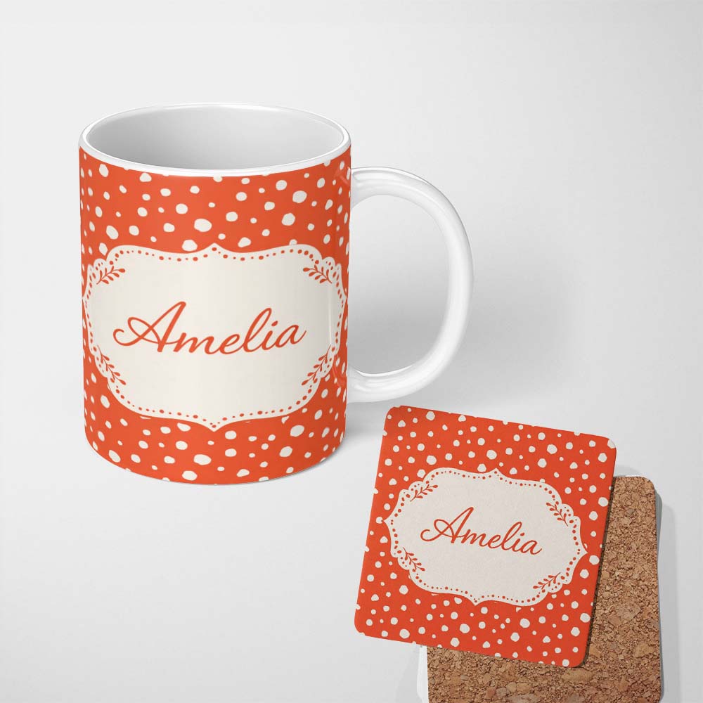 Personalized Custom Name White Polka Dot Pattern Orange Background Seamless Cute Unique Gift 11oz Ceramic Coffee Tea Mug White Large Handle