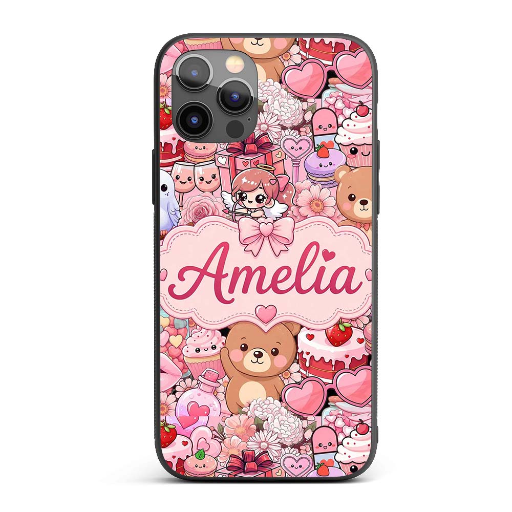 Cute Teddy Bears Cakes Flowers Pink Background Custom Name Protective Phone Case Mobile Cover Durable Everyday Smartphone Shock Resistant
