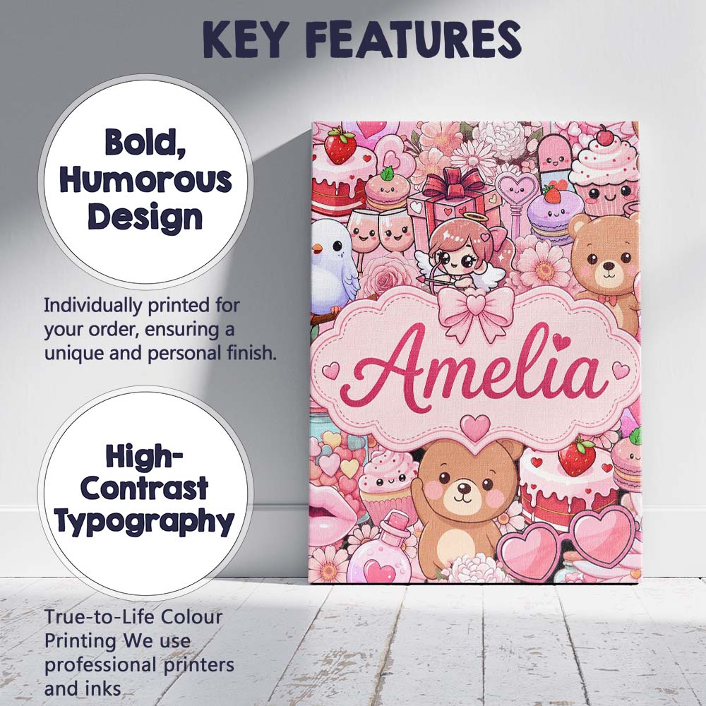 Personalised Name Cute Teddy Bears Cakes Custom Unique Gift Idea Elegant Feature Canvas Wall Art Print Decor Picture Ready to Hang