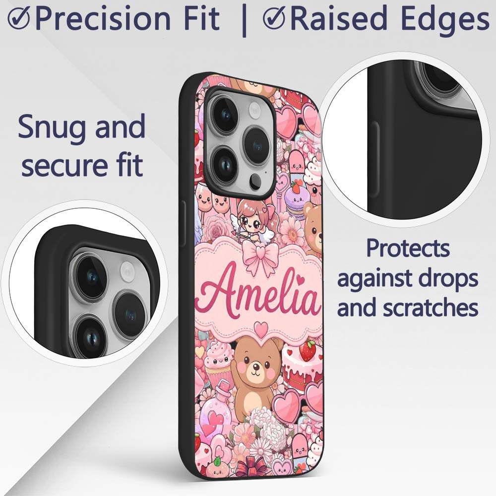 Cute Teddy Bears Cakes Flowers Pink Background Custom Name Protective Phone Case Mobile Cover Durable Everyday Smartphone Shock Resistant
