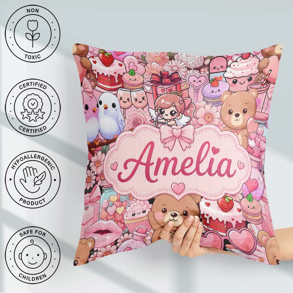 Custom Name Teddy Bears Cakes Flowers Pink Seamless Pattern Name Square Filled Cushion Throw Pillow Sofa Bed Home Decor Zip Washable UK Made