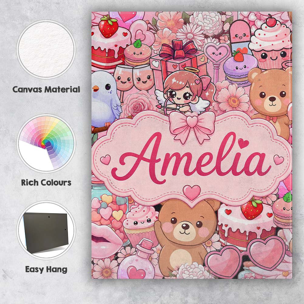 Personalised Name Cute Teddy Bears Cakes Custom Unique Gift Idea Elegant Feature Canvas Wall Art Print Decor Picture Ready to Hang