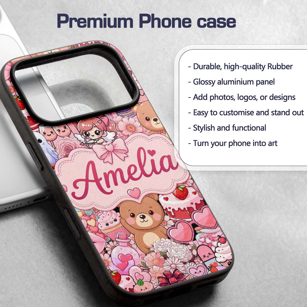 Cute Teddy Bears Cakes Flowers Pink Background Custom Name Protective Phone Case Mobile Cover Durable Everyday Smartphone Shock Resistant