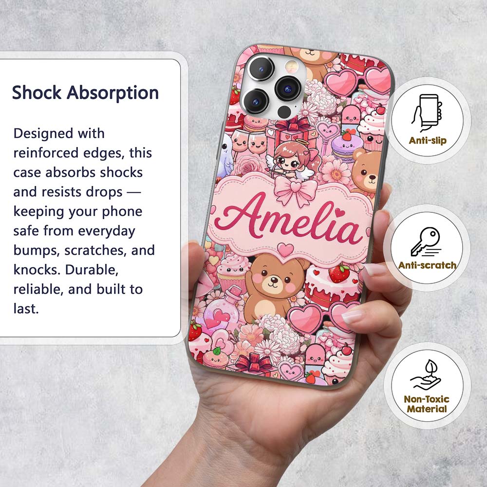 Cute Teddy Bears Cakes Flowers Pink Background Custom Name Protective Phone Case Mobile Cover Durable Everyday Smartphone Shock Resistant