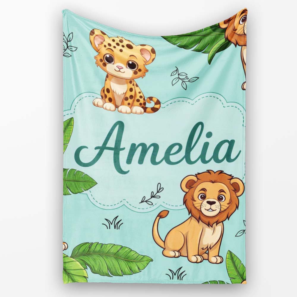 Cute Jungle Animals Lion Tiger Leopard Teal Background Tropical Personalised Custom Name Super Soft Fleece Blanket Bed Sofa Throw