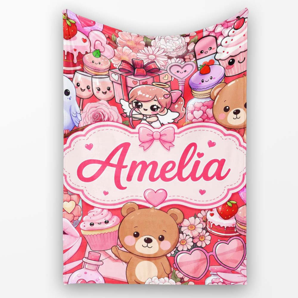 Cute Teddy Bears Cakes Flowers Red Background Seamless Pattern Personalised Custom Name Super Soft Fleece Blanket Bed Sofa Throw