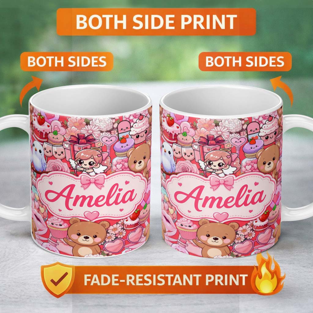 Personalized Custom Name Cute Teddy Bears Cakes Flowers Red Background Seamless Pattern 11oz Ceramic Coffee Tea Mug White Large Handle