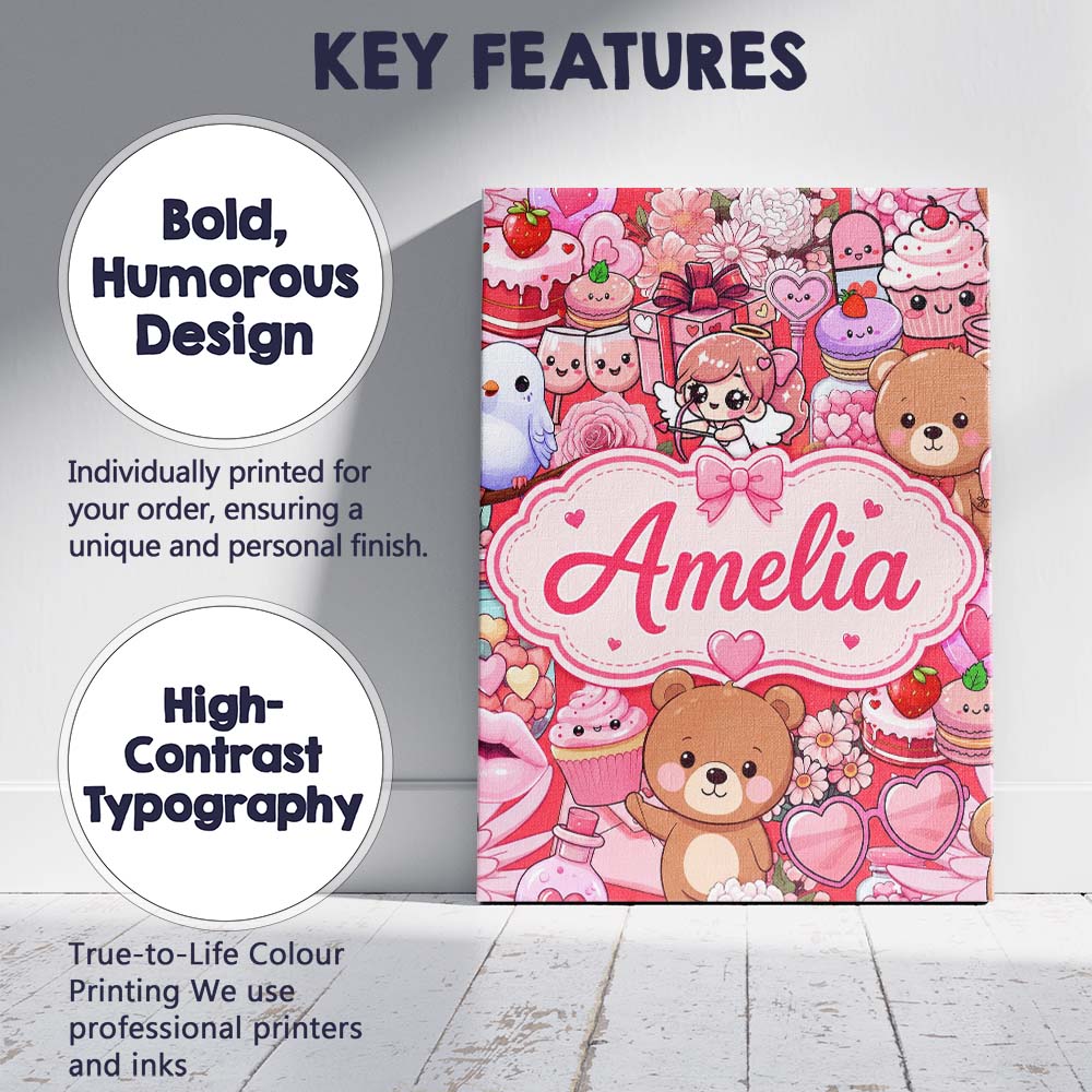 Personalised Name Cute Teddy Bears Cakes Custom Unique Gift Idea Elegant Feature Canvas Wall Art Print Decor Picture Ready to Hang