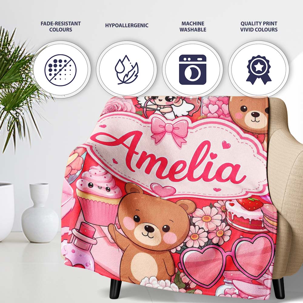 Cute Teddy Bears Cakes Flowers Red Background Seamless Pattern Personalised Custom Name Super Soft Fleece Blanket Bed Sofa Throw