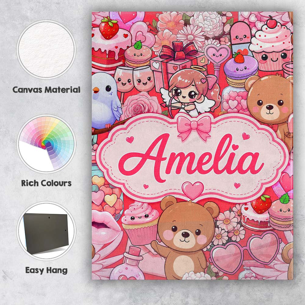 Personalised Name Cute Teddy Bears Cakes Custom Unique Gift Idea Elegant Feature Canvas Wall Art Print Decor Picture Ready to Hang