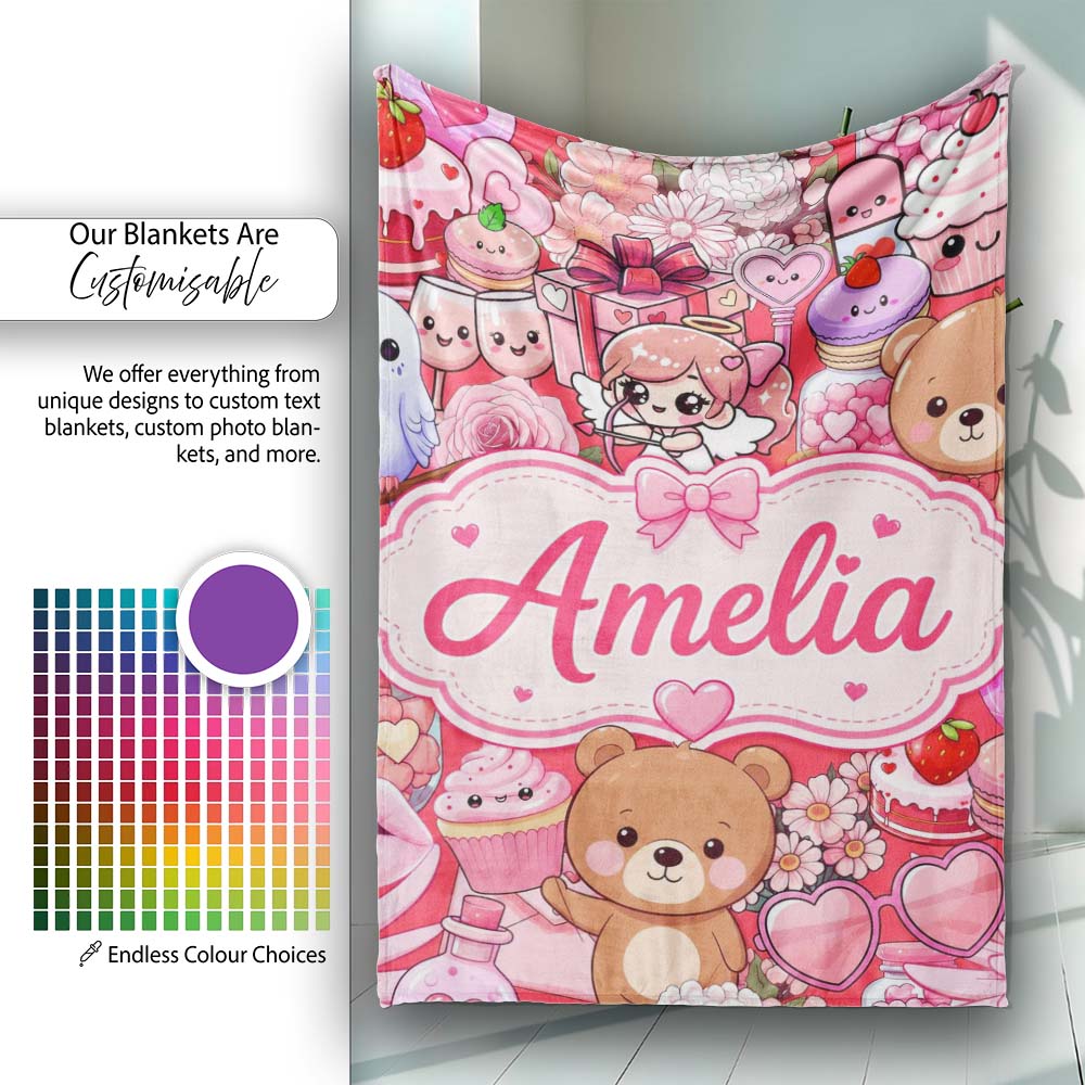 Cute Teddy Bears Cakes Flowers Red Background Seamless Pattern Personalised Custom Name Super Soft Fleece Blanket Bed Sofa Throw